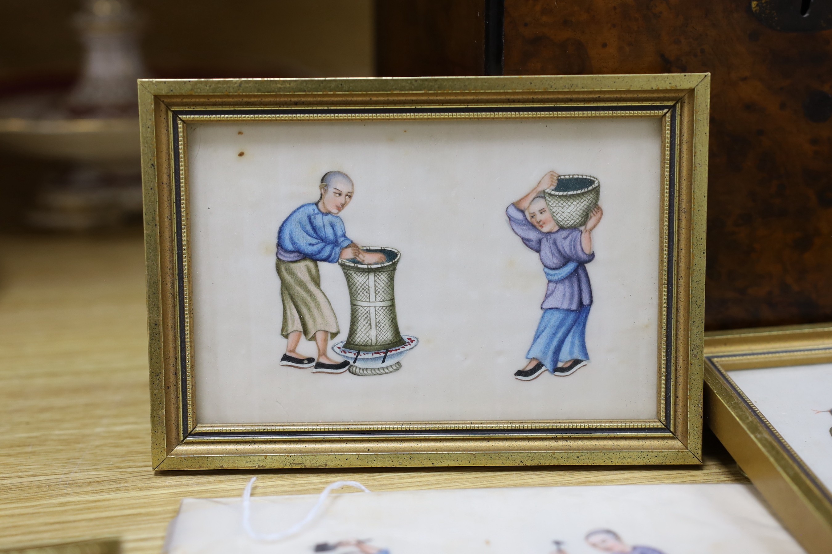 19th century Chinese School, four gouaches on pith paper, Studies of tea pickers, 9.5 x 14cm